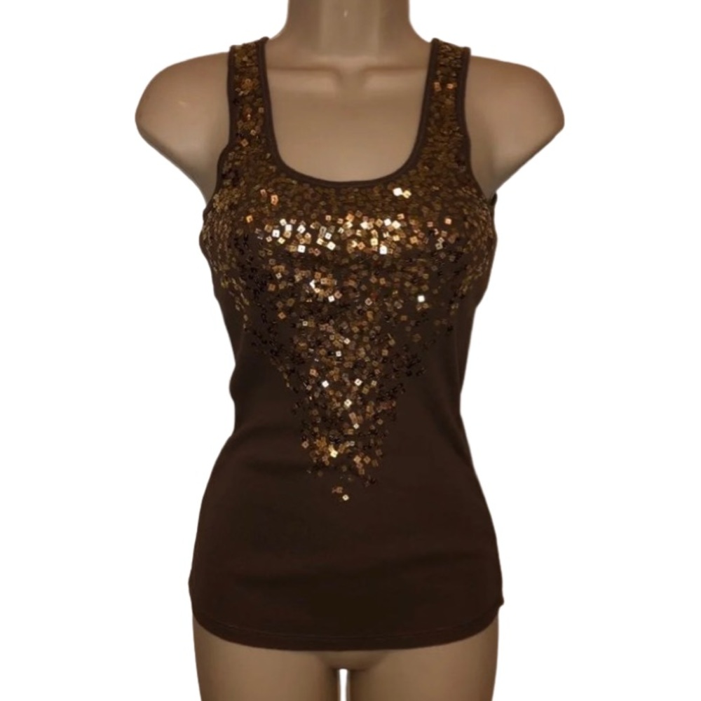 Express Sequins Design Ribbed Form Fitting Brown Tank Top